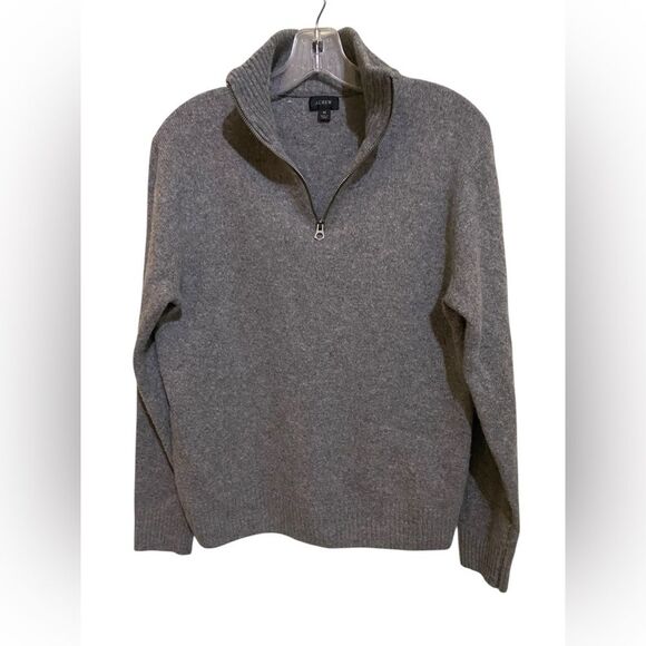 J.Crew Quarter Zip Gray Merino Wool Blend Mock Neck Fisherman Sweater SZ Medium - Picture 1 of 8